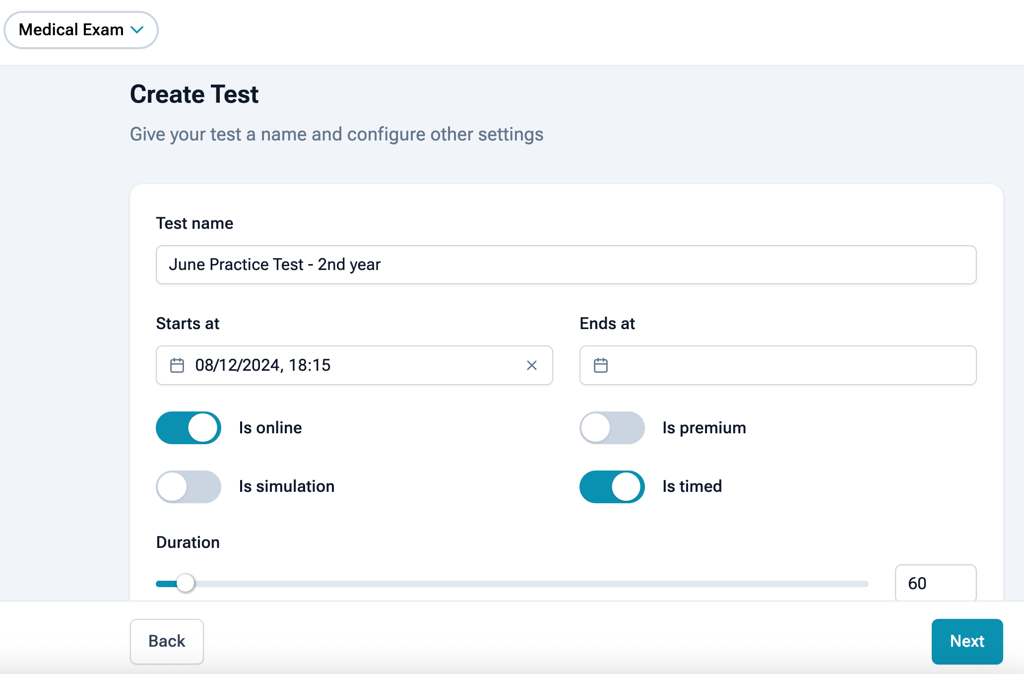 Image of the platform showing the configuration of a test with simple options